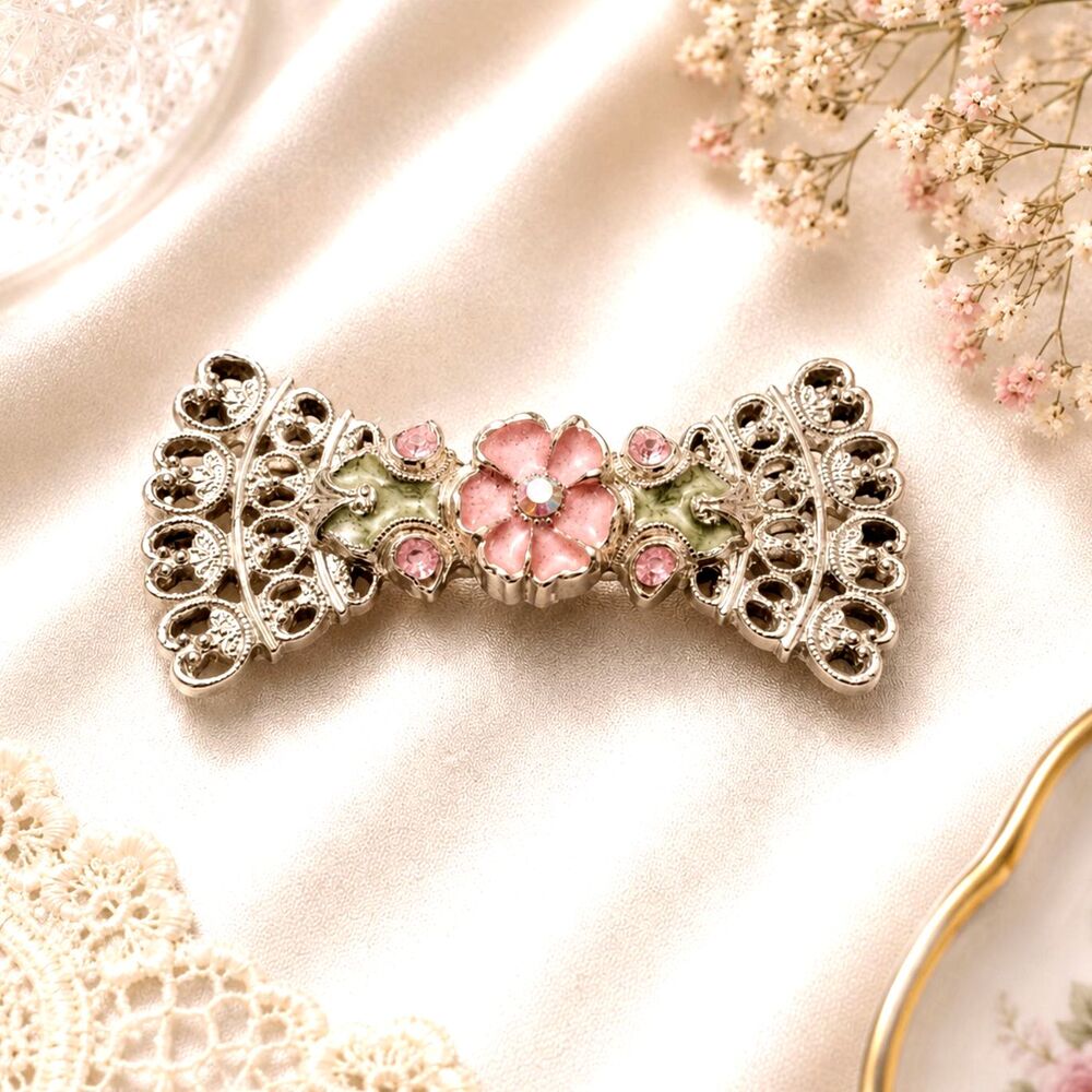 Vintage 1928 Jewelry Silver Tone and Pink Enamel Bow Brooch